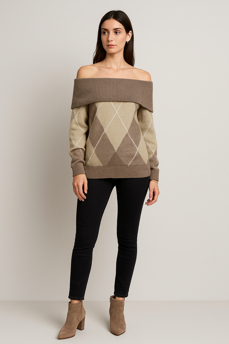 Off-shoulder argyle knit — soft tones, chic neckline