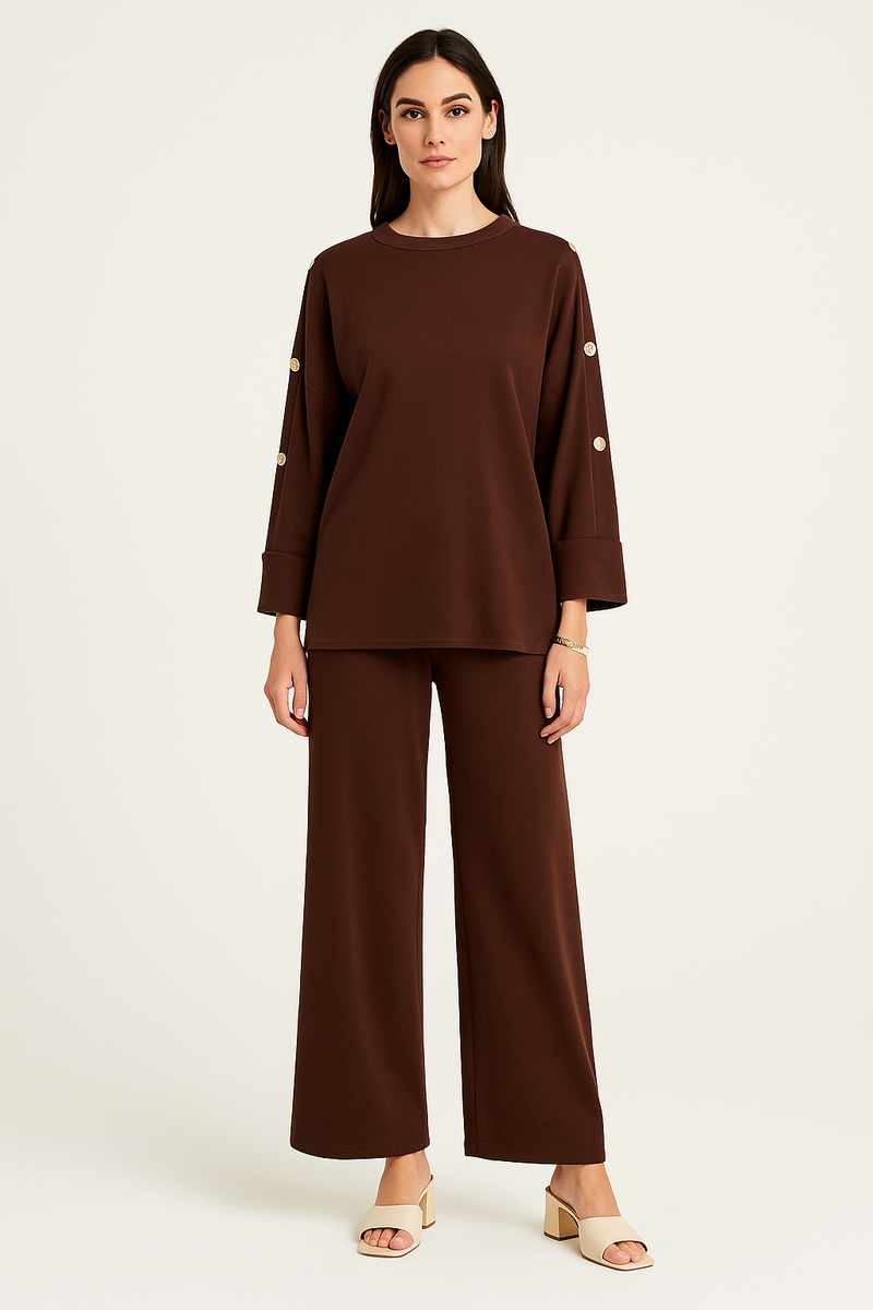 Oversized , long-sleeve Co ords with wide-legged pants & metallic buttons details