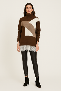 Colorblock Knit Turtleneck with Lace Hem