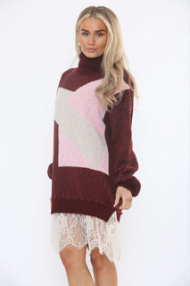 Lace Hem Detailed, Acrylic & Polymide Knitted, Oversized Roll Neck Jumper