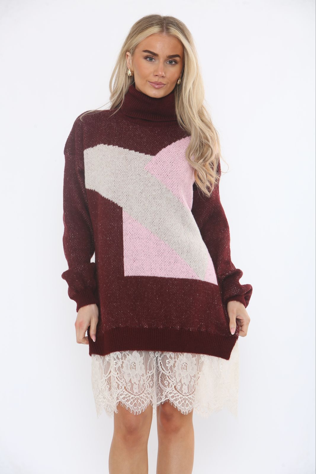 Lace Hem Detailed, Acrylic & Polymide Knitted, Oversized Roll Neck Jumper