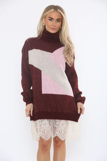 Lace Hem Detailed, Acrylic & Polymide Knitted, Oversized Roll Neck Jumper