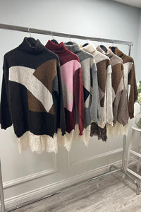 Colorblock Knit Turtleneck with Lace Hem