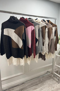 Colorblock Knit Turtleneck with Lace Hem