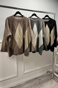 Oversized Crew neck jumper with Classic argyle diamond pattern