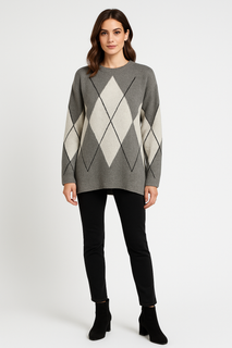 Oversized Crew neck jumper with Classic argyle diamond pattern