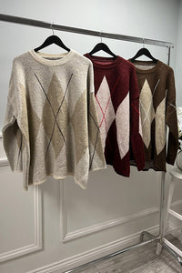 Oversized Crew neck jumper with Classic argyle diamond pattern