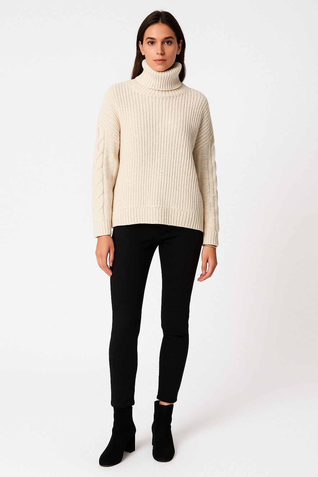 Chunky Cable-Sleeve Turtleneck Knit