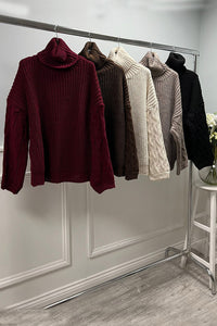 Chunky Cable-Sleeve Turtleneck Knit