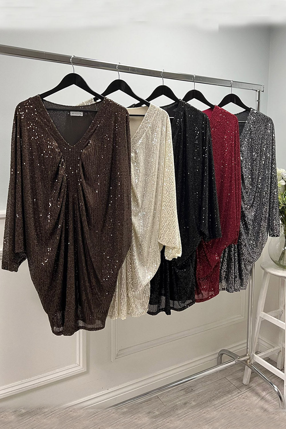 V-Neck, Batwing Sequin Dress
