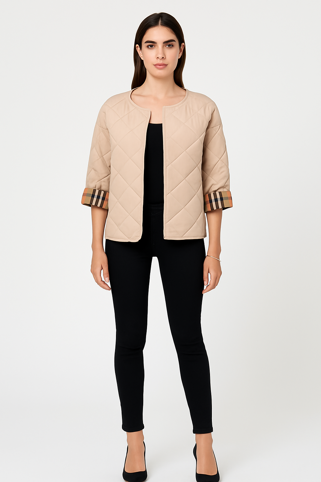 Round Neck , open front , collarless quilted jackets
