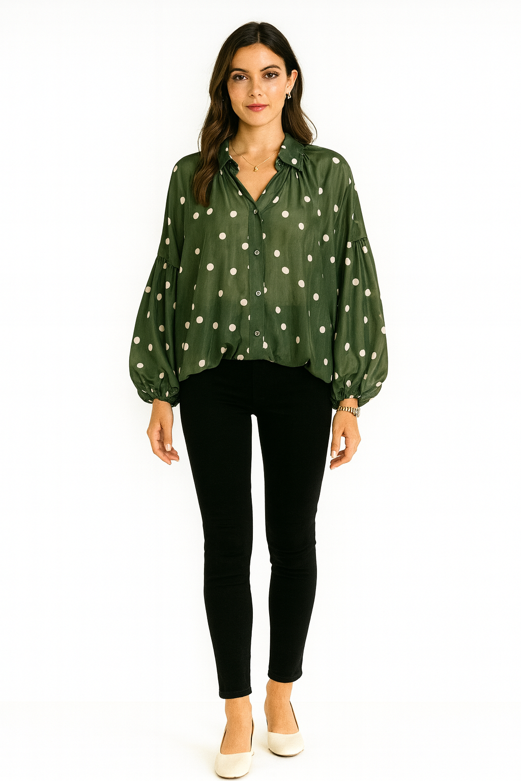 High Neck, Button Through, Elasticated Cuff, 100% Cotton Top
