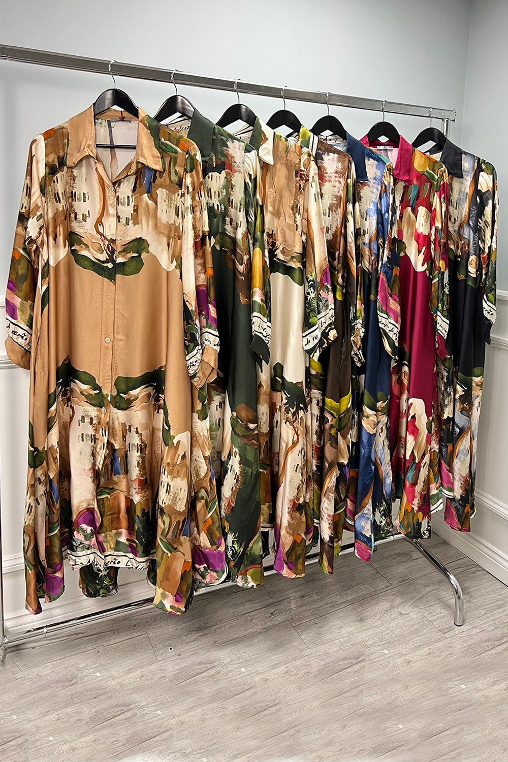 Two Pocket Printed Printed Satin Shirt Dress