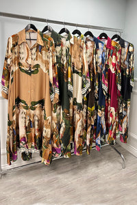 Two Pocket Printed Printed Satin Shirt Dress