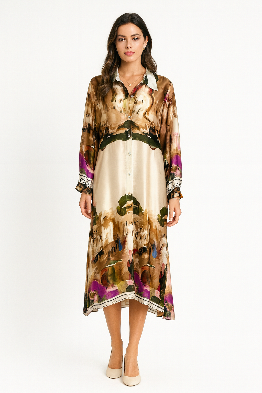 Two Pocket Printed Printed Satin Shirt Dress