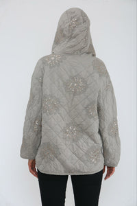 Quilted Hooded Jacket with Sequin Floral Embellishments