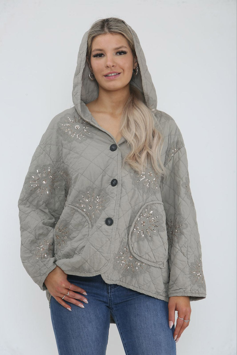 Quilted Hooded Jacket with Sequin Floral Embellishments