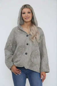 Quilted Hooded Jacket with Sequin Floral Embellishments