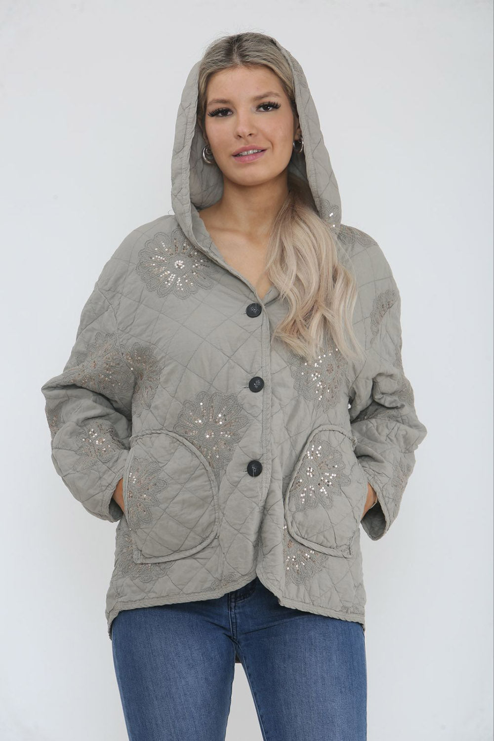 Quilted Hooded Jacket with Sequin Floral Embellishments