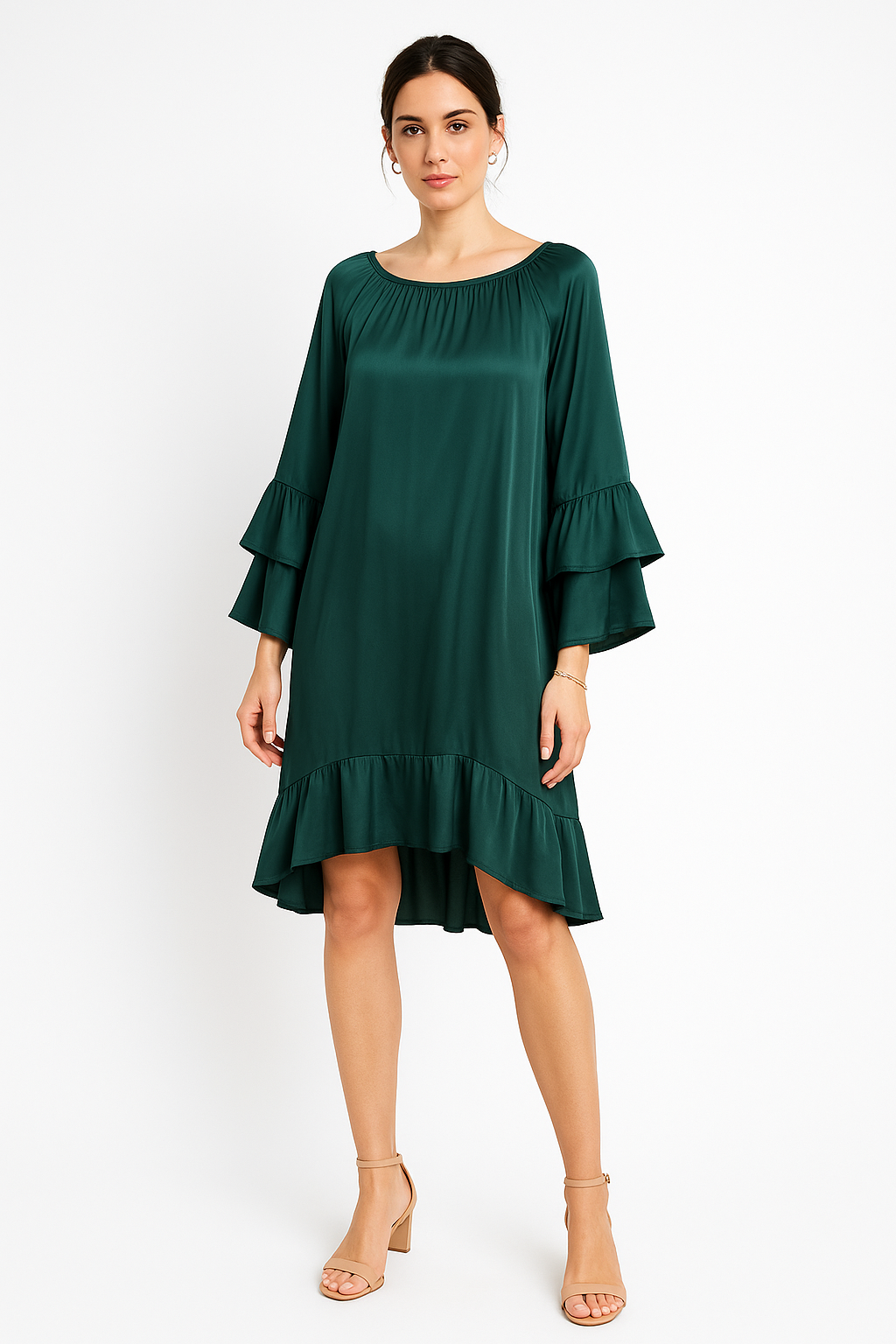 Round Neck, Key Hole Back Detailed, Frill Sleeve & Hem Satin Dress