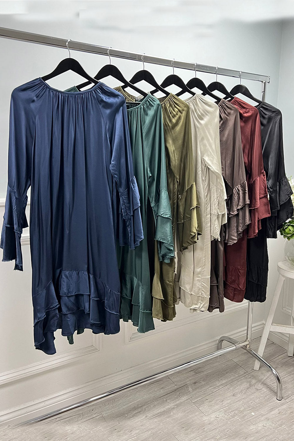 Round Neck, Key Hole Back Detailed, Frill Sleeve & Hem Satin Dress