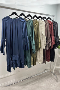 Round Neck, Key Hole Back Detailed, Frill Sleeve & Hem Satin Dress