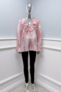 Frill V-Neck, Tie Detailed, Elasticated Cuff, Viscose & Tencel Printed Top.