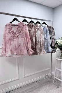 Frill V-Neck, Tie Detailed, Elasticated Cuff, Viscose & Tencel Printed Top.