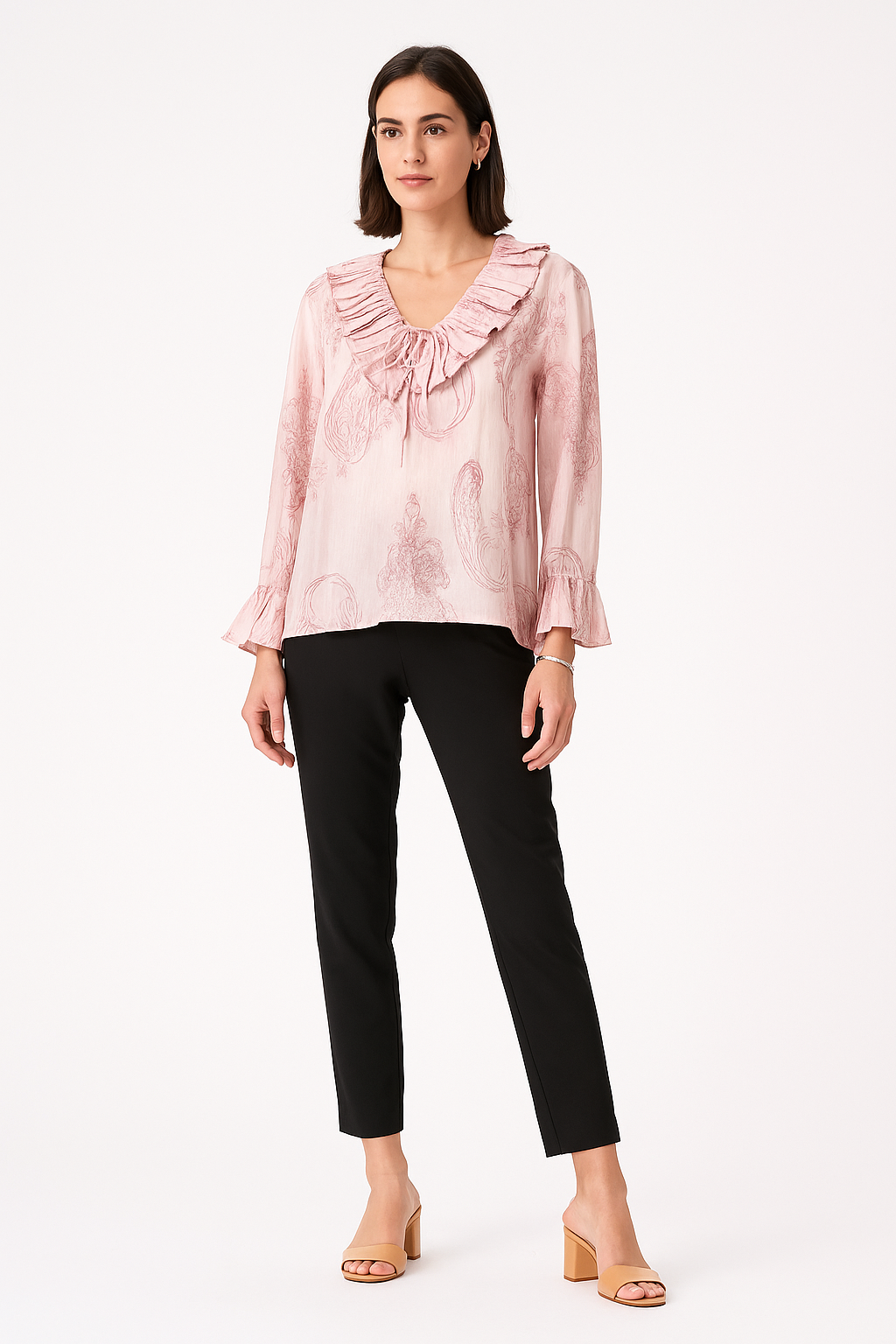 Frill V-Neck, Tie Detailed, Elasticated Cuff, Viscose & Tencel Printed Top.