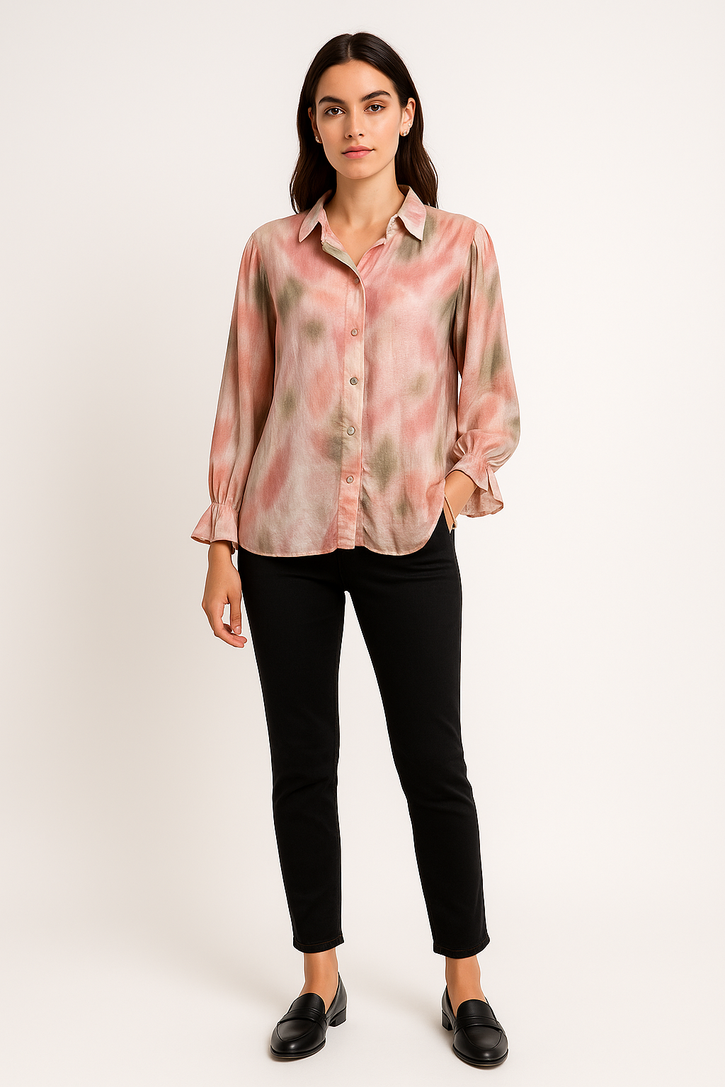 Long sleeves , relaxed fit printed Shirt with ruffle detailing on cuff
