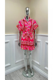 Collared,Golden Button Detailed, Front Tie Belt Printed PlaySuit