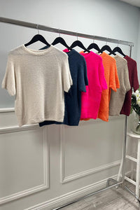 Soft Brushed Knit Short-Sleeve Sweater