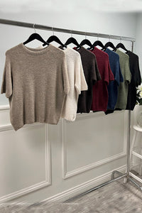Soft brushed knit sweater with relaxed short sleeves