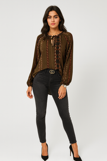 Boho Print Peasant Blouse, designed with a gathered round neckline and a keyhole tie detail