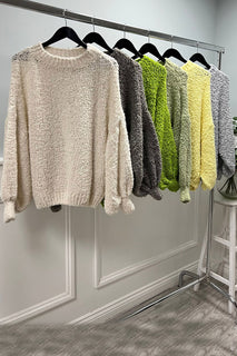 Round Neck, 4% Baby Alpaca, Lana Wool, Viscose & Acrylic Knitted, Balloon Sleeve Jumper