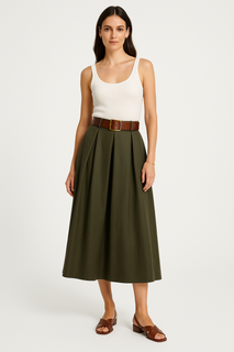 Semi-formal , High Waist , MIDI Length Skirt With Wide Belt