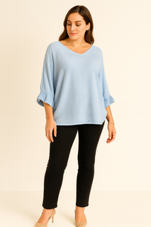 Round Neck, Frill Sleeve, Viscose Knitted Batwing Top