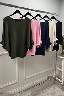 Round Neck, Frill Sleeve, Viscose Knitted Batwing Top