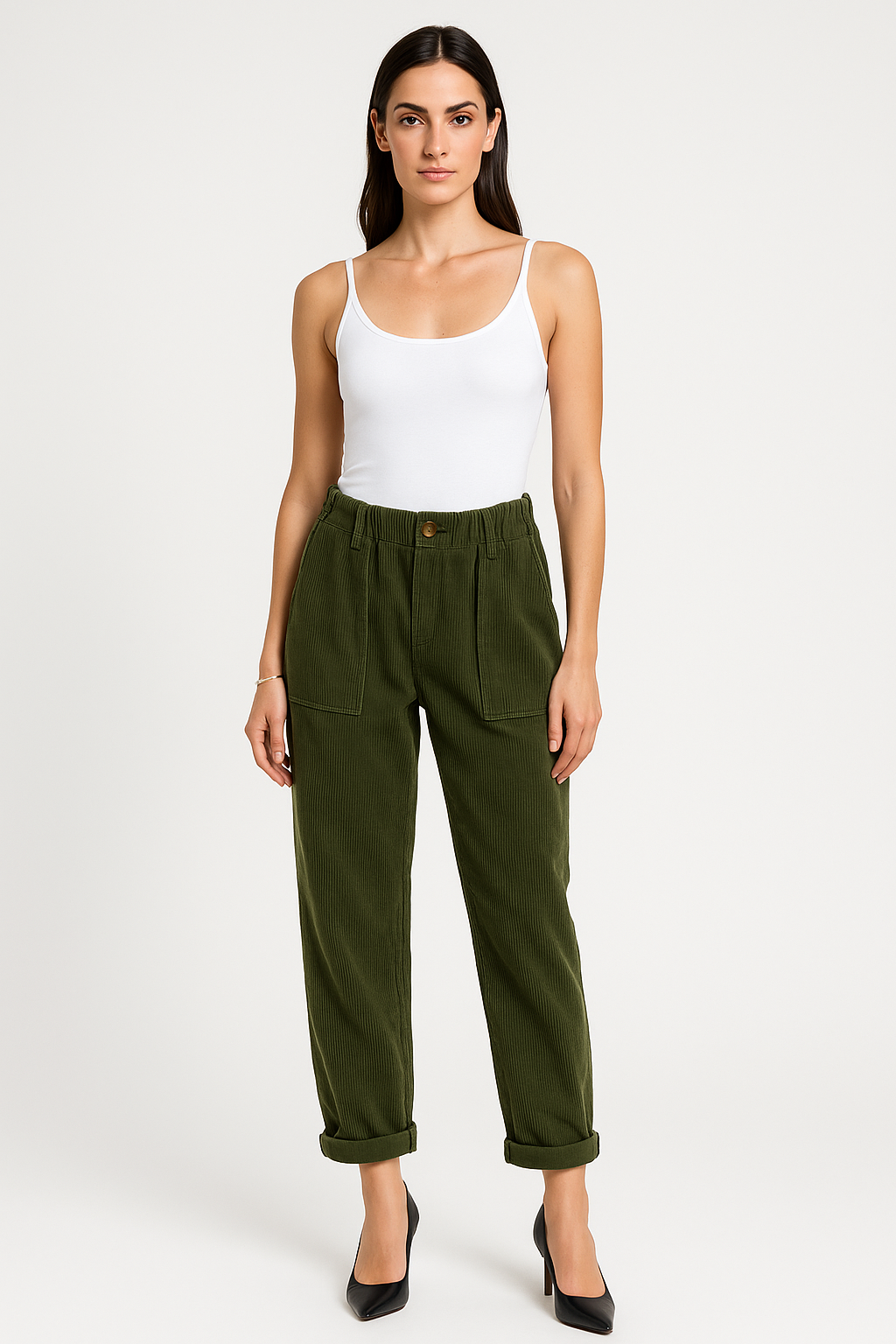High-Waisted , elastic waist Trousers with button and zip closure