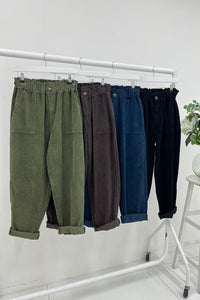High-Waisted , elastic waist Trousers with button and zip closure