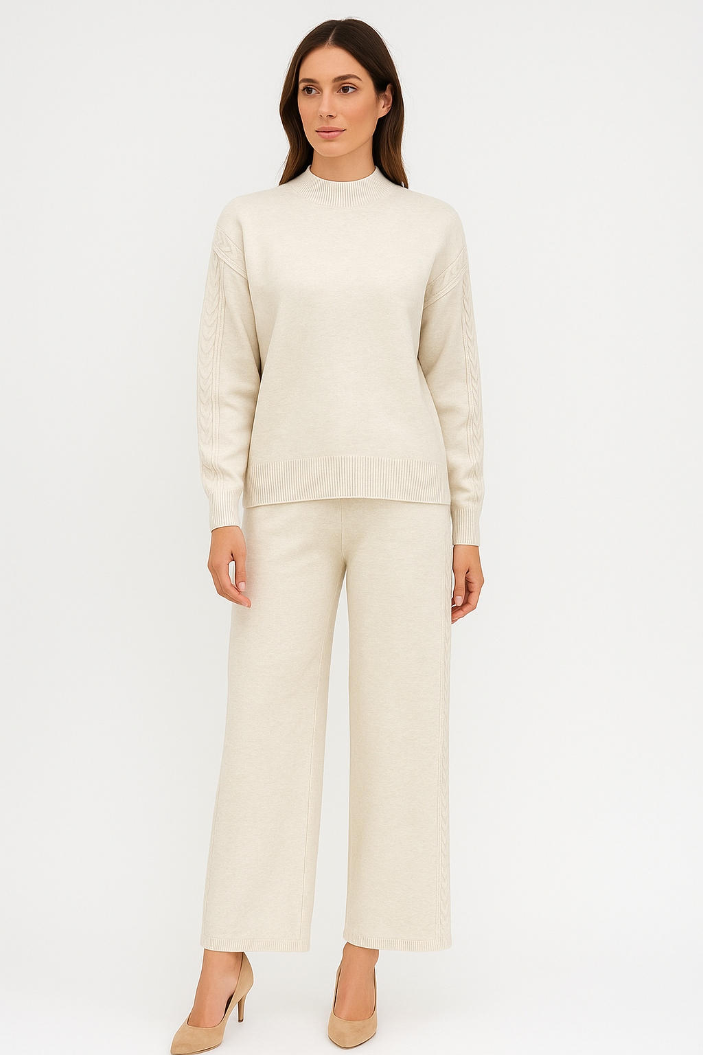 High Neck, Cable Knit Detailed, Elasticated Waist, Wide Leg Two Piece Set