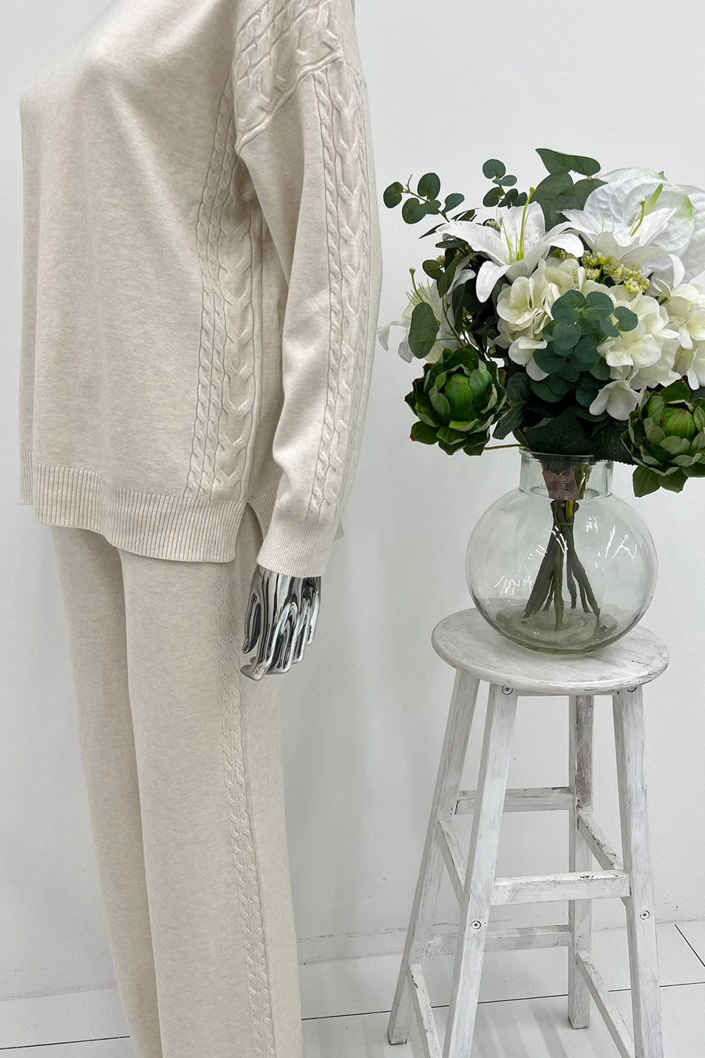 High Neck, Cable Knit Detailed, Elasticated Waist, Wide Leg Two Piece Set