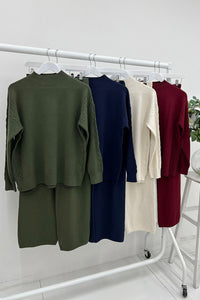 High Neck, Cable Knit Detailed, Elasticated Waist, Wide Leg Two Piece Set
