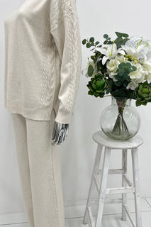 High Neck, Cable Knit Detailed, Elasticated Waist, Wide Leg Two Piece Set