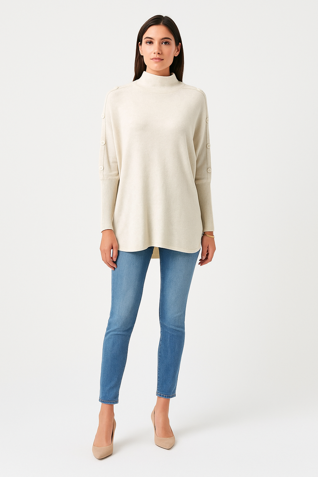 High Neck, Button Detailed, Viscose &amp; Modal Knitted Jumper