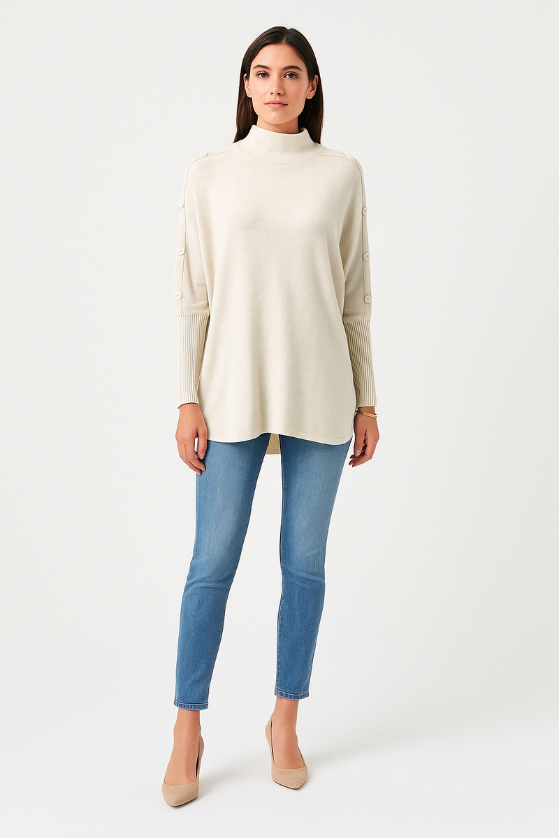 High Neck, Button Detailed, Viscose &amp; Modal Knitted Jumper
