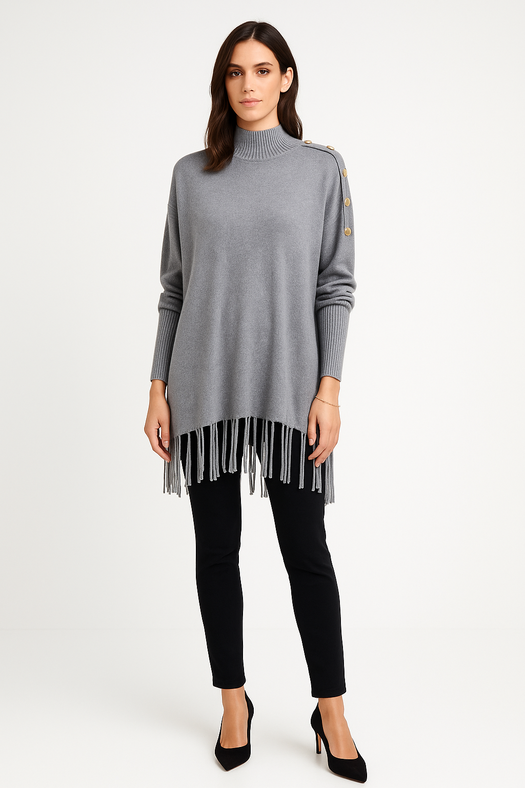 Button Shoulder Fringe Knit Jumper