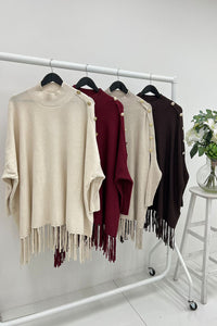 Button Shoulder Fringe Knit Jumper