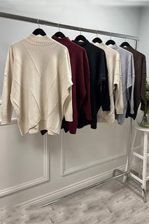 Ribbed High Neck And Ribbed Cuff Detailed Batwing Jumper.