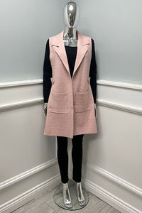 Sleeveless, open-front longline jacket with Notched lapel collar